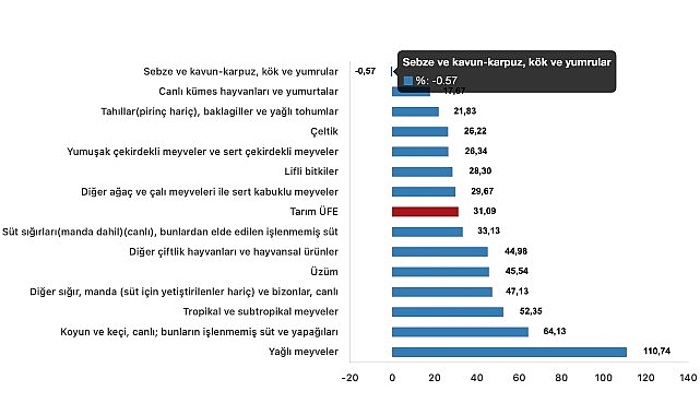 Tüik: Tarım ürünleri üretici fiyat endeksi (Tarım-ÜFE) yıllık %31,09 arttı, aylık %2,00 arttı- Forum Haber