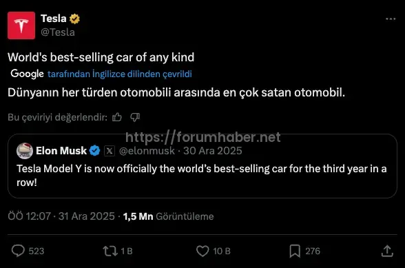 Elon Musk Açıkladı: Tesla Model Y, 2025’te Dünyanın En Çok Satan Otomobili Oldu
